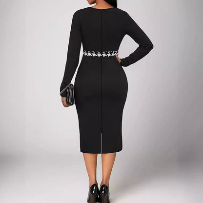 Houndstooth Long Sleeve Elegant Style Sheath Dress