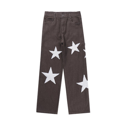 Five Pointed Star Flocking Embroidered Jeans For Men