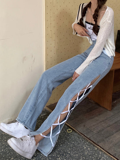 Side Slit Irregular High Waist Strappy Jeans