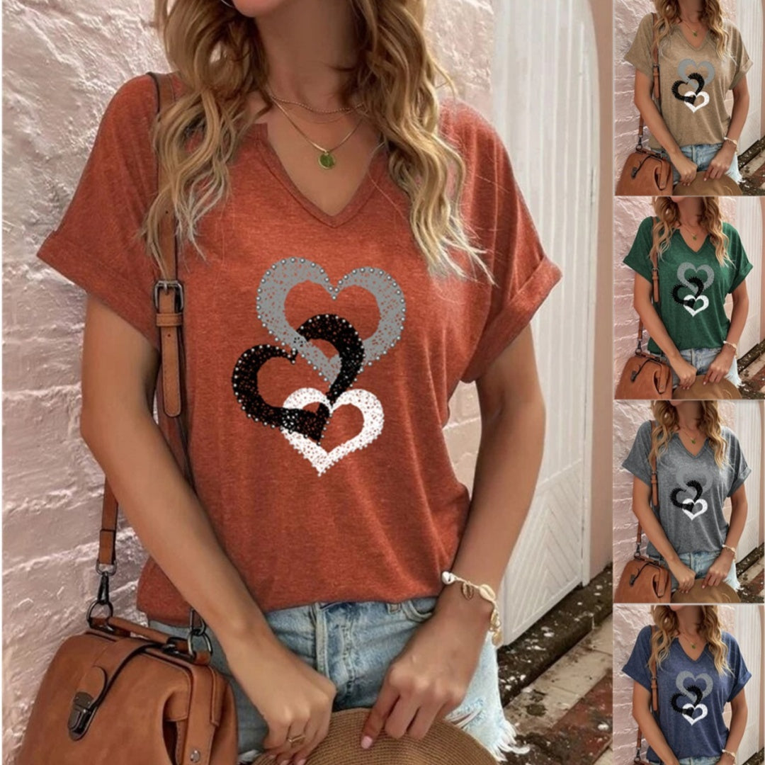 Women's Loose Short-sleeved T-shirt With Heart Printing Missing Neckline