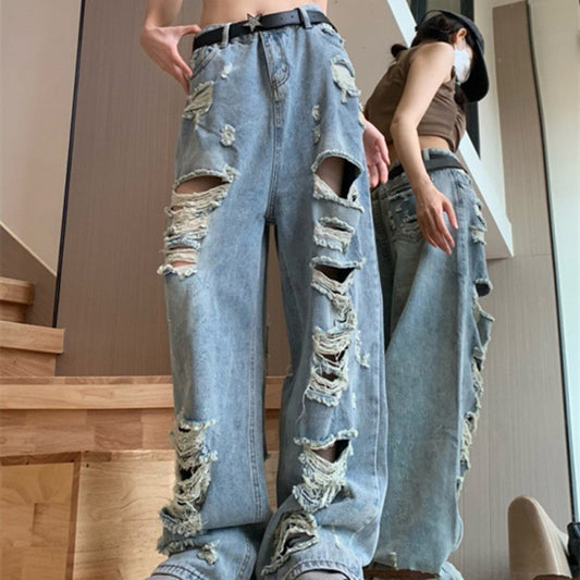 Large Size High Street Wide Leg Beggar Ripped Jeans Women's Retro