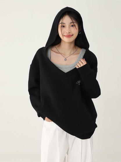 Women's V-neck Hoodie Solid Color Casual Long Sleeves Hoodie