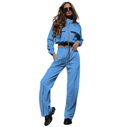 Zipper Double Bag Drawstring Long Sleeve Top Fashion Casual Trousers Suit Women