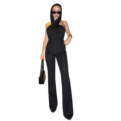 Black Backless Hooded Jumpsuit NV