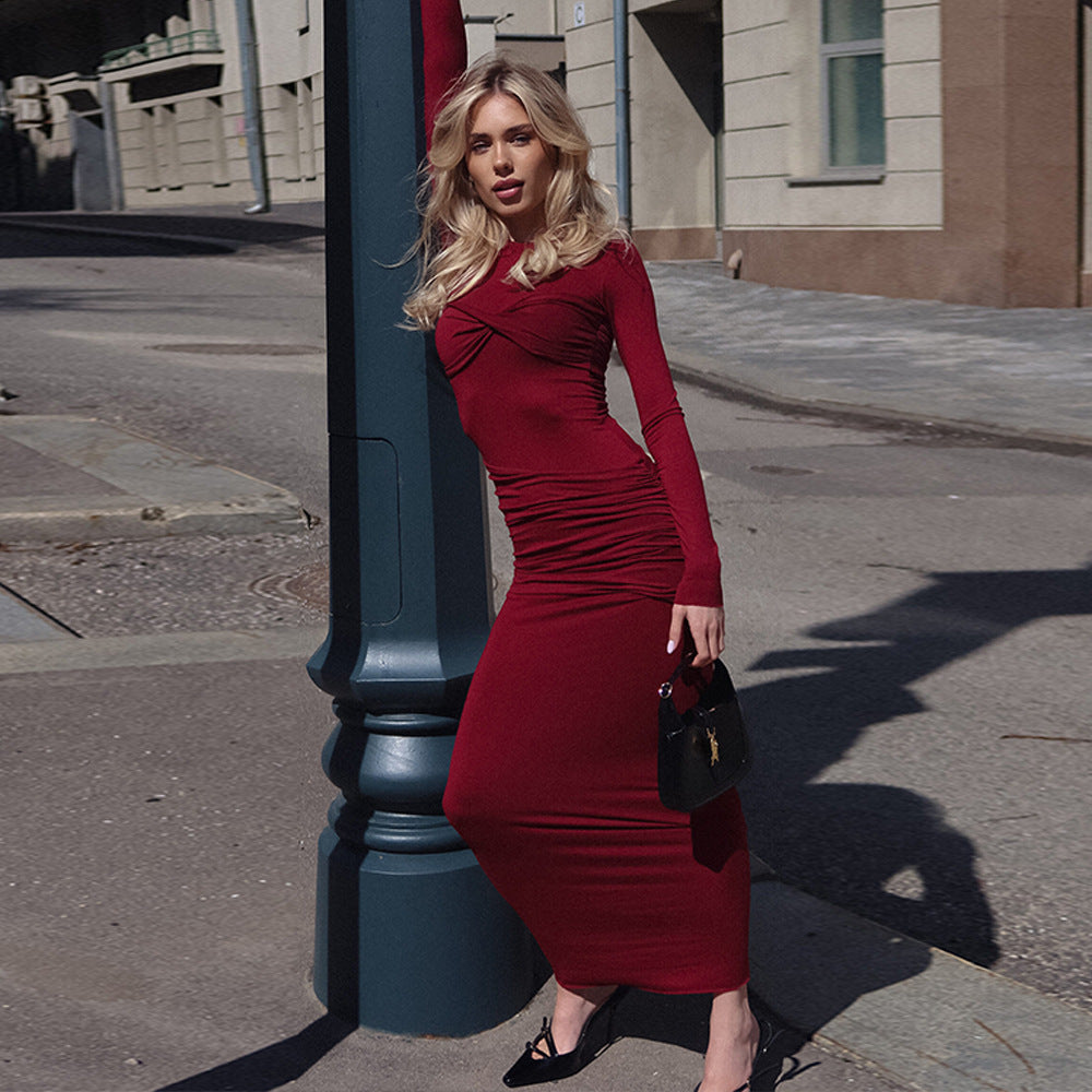 Slim Fit Round Neck Long Sleeves Pleated Tight-fitting Solid Color Long Dress