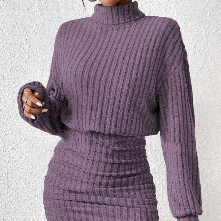 Long Sleeve High Neck Ribbing Woolen Knit Suit