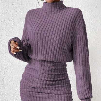 Long Sleeve High Neck Ribbing Woolen Knit Suit