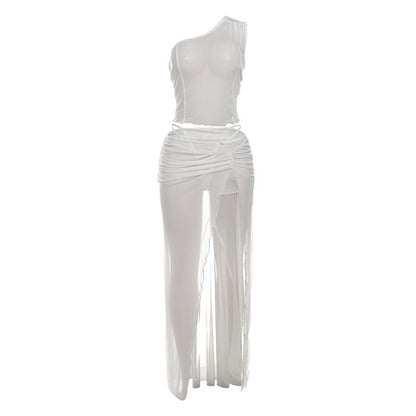 One-shoulder Mesh See-through Suit Skirt