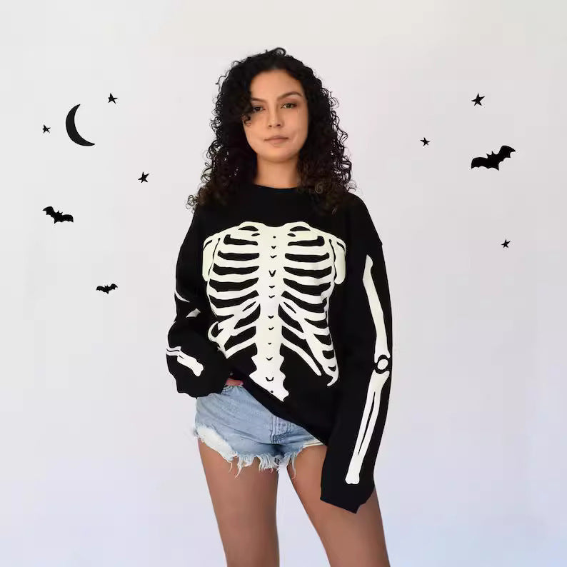 Bone Skull Dark Retro Long Sleeve Round Neck