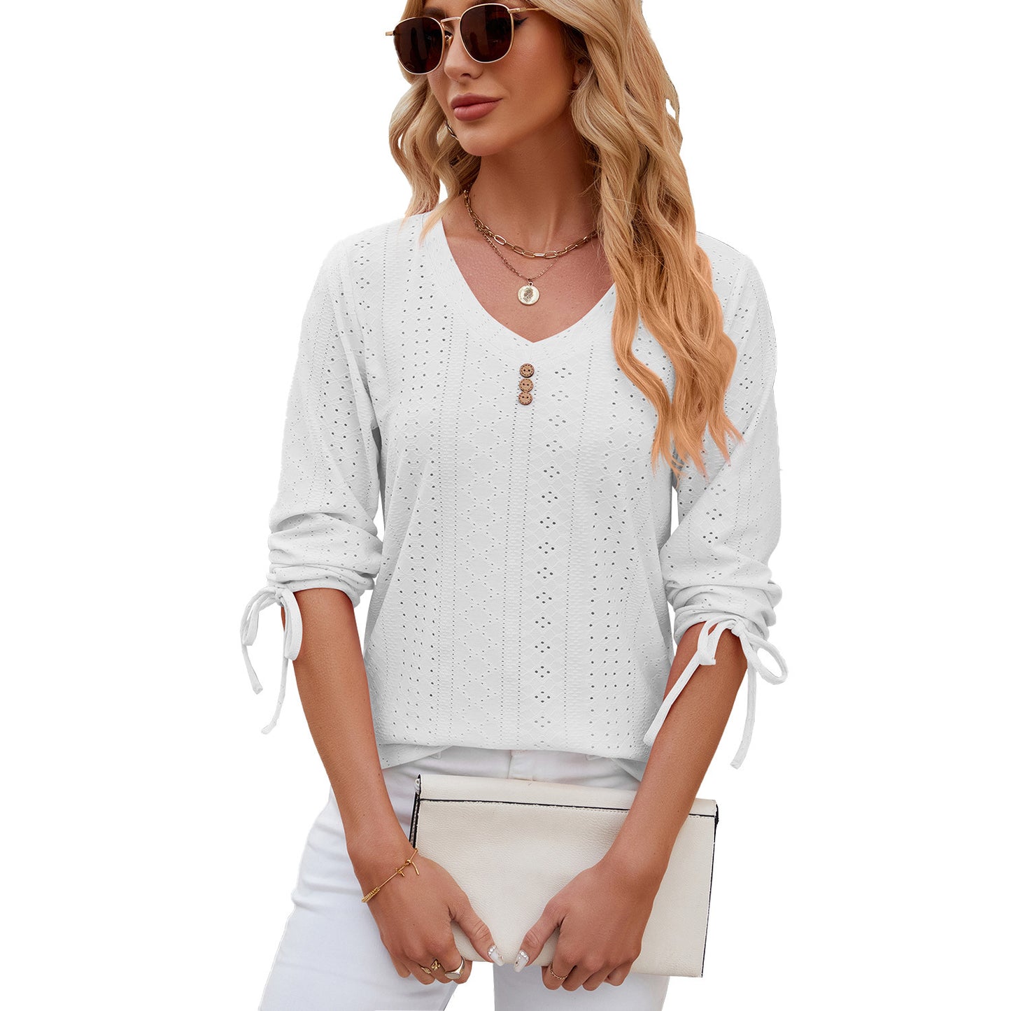 Button V-neck Solid Color Half Sleeves Loose-fitting T-shirt Top