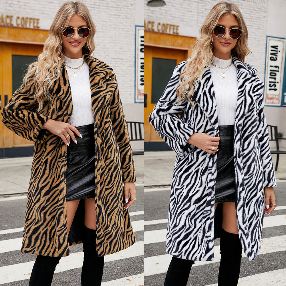 Fashion Leisure Suit Collar Artificial Leather Fur Coat Zebra Pattern Plush Long Coat Autumn And Winter