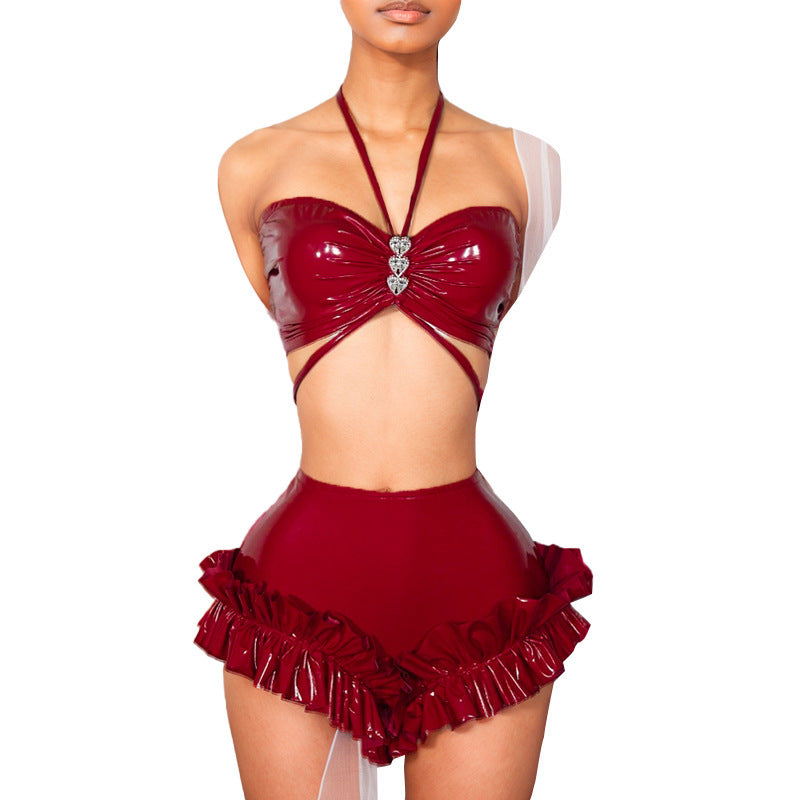 Heart-shaped Halter Wrapped Chest PU Leather High Waist Shorts Suit