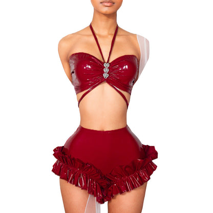 Heart-shaped Halter Wrapped Chest PU Leather High Waist Shorts Suit