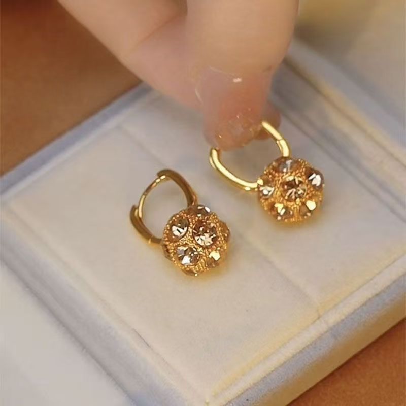 Fashion Brown Rhinestone Ball Earrings Female Niche