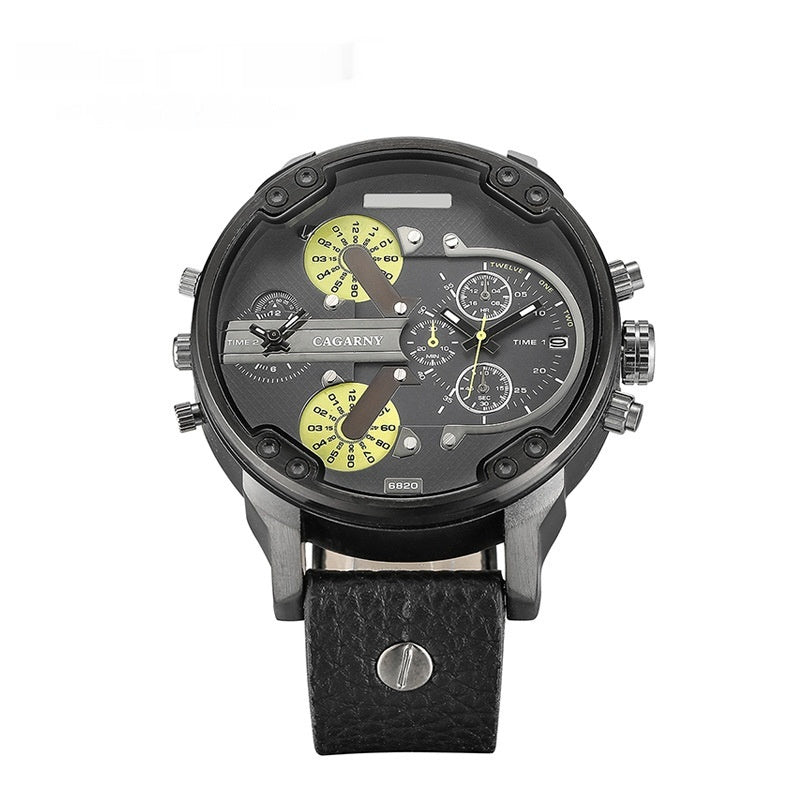 Watch Men's Quartz Watch Double Time Zone Large Dial Black Shell Leather