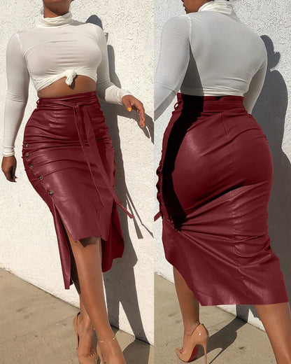 Slim Mid-length Leather Skirt With Split Hips