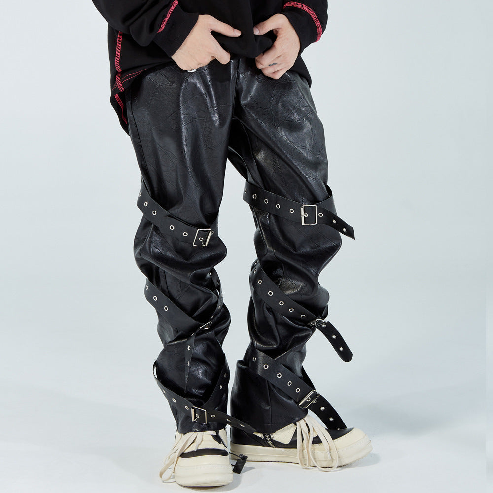 Punk Style Tie Design PU Leather Pants For Men