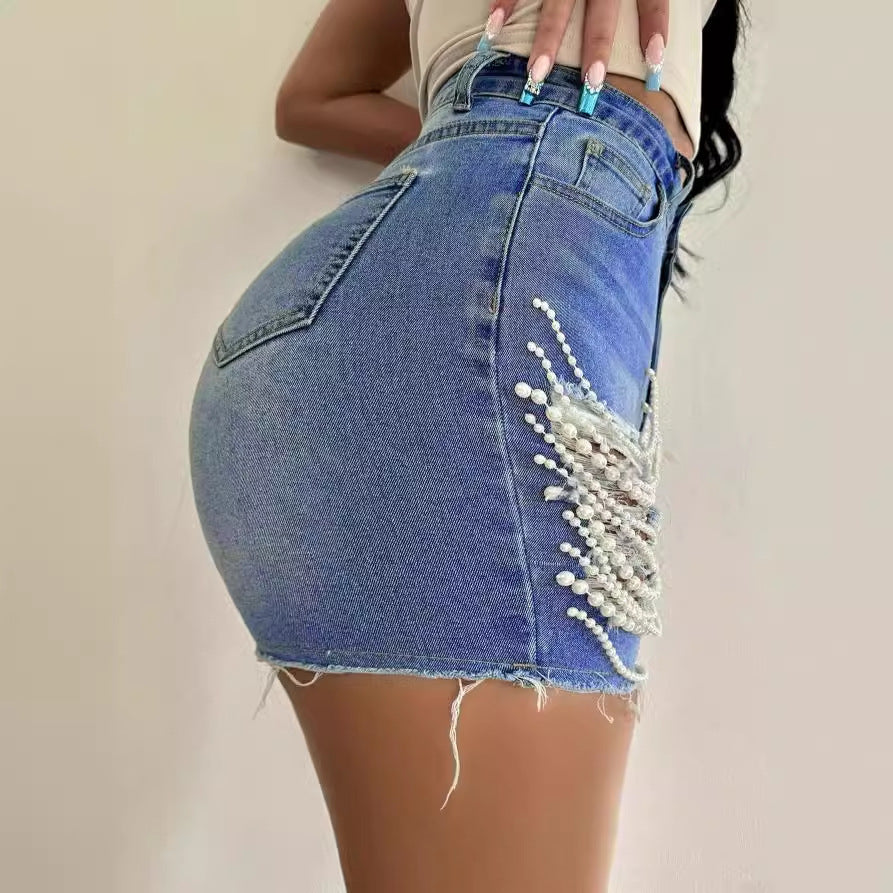 Denim Shorts High Waist Slimming Handmade Bead Necklace Ripped