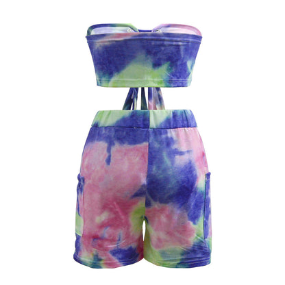 New Tie-dye Printed Lace-up Tube Top Shorts Suit