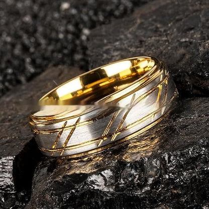 Men's Yellow Gold 8mm Simple Design Polished Twill Tungsten Ring