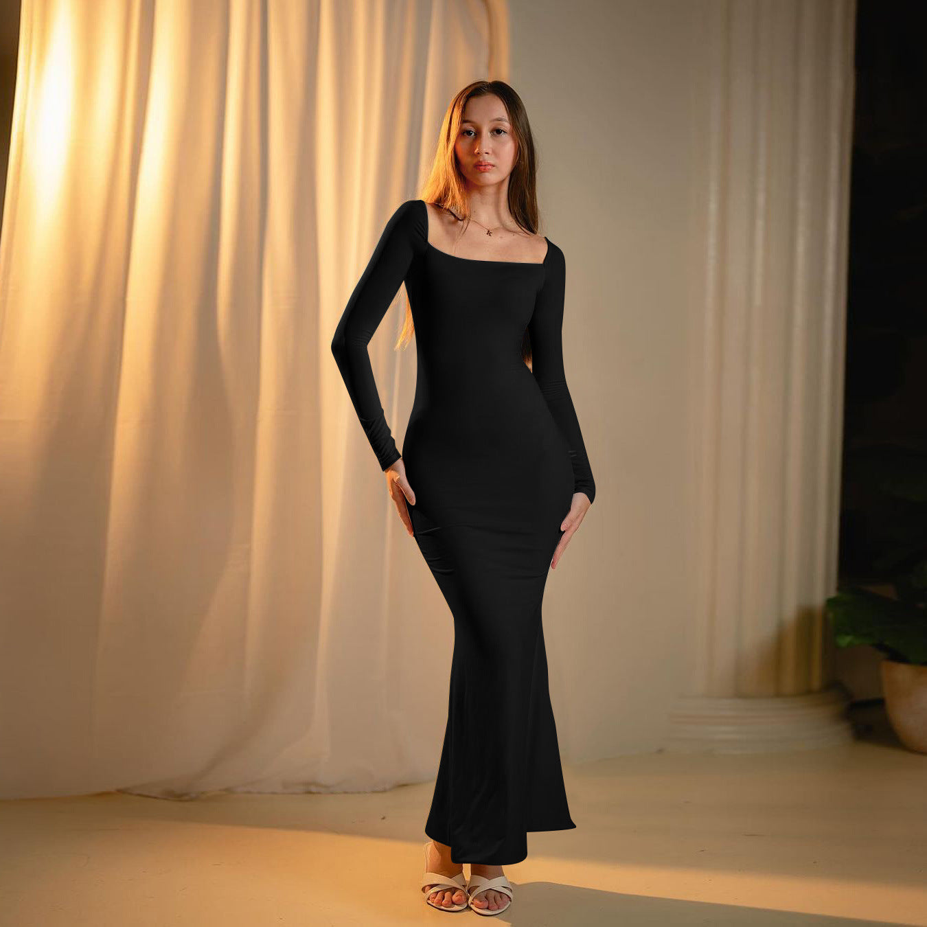 Square Collar Slimming Elegant Black Dress Women