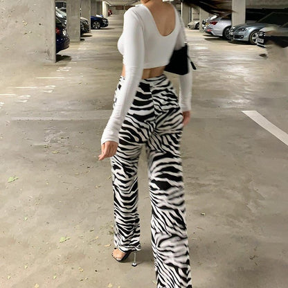 Zebra Print Fashion Casual Elastic Waist Wide-Leg Pants