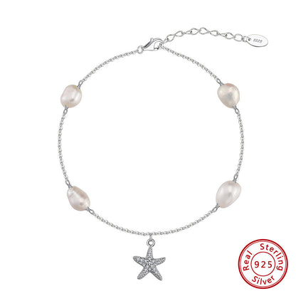 Sterling Silver Beach Style Pearl Five-pointed Star Pendant Anklet