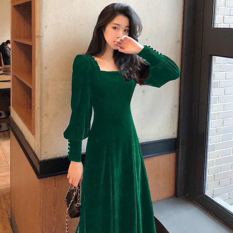 Gold Velvet Women's Slim Square Neck Hepburn Style Autumn And Winter Long Dress