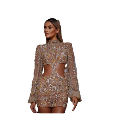 Sexy Mesh Sequins Round Neck Party Dress Hip Skirt