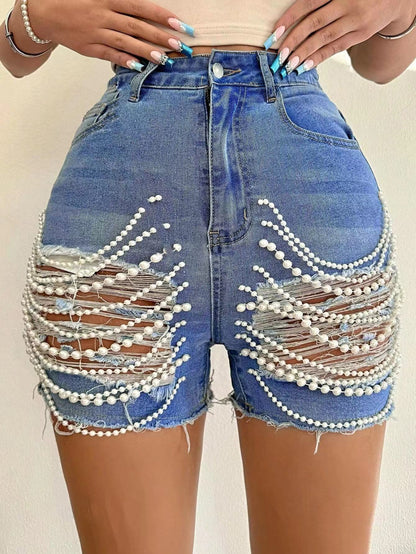 Denim Shorts High Waist Slimming Handmade Bead Necklace Ripped