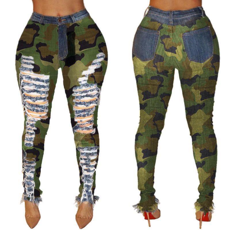 Women's Sexy Personality Ripped High-waisted Leggings And Frayed Camouflage Feet Pants