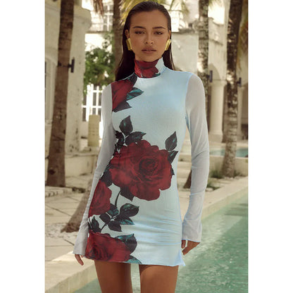 Women's Autumn Fashion Style Slim Fit Turtleneck Print Dress