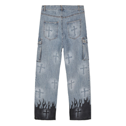 High Street Retro Cross Graffiti Loose Straight Jeans