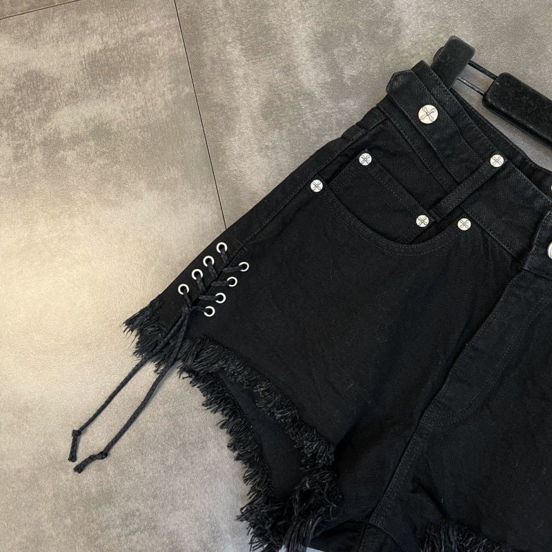 Lace-up Frayed Cross Flower & Pattern Sweet Cool Denim Shorts