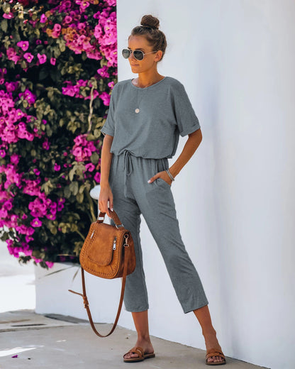 Casual And Comfortable Loose High Waist Short Sleeve Jumpsuit