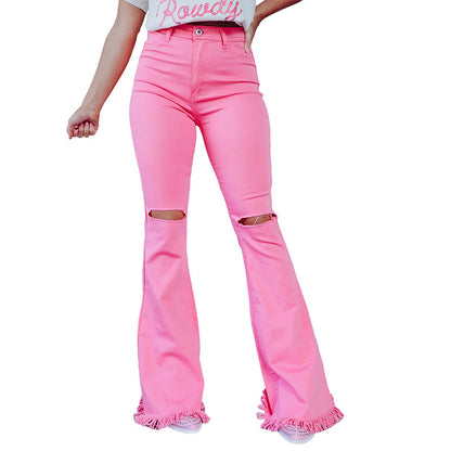 Ripped Bell-bottom Fashion Solid Color High Waist Slimming Pants