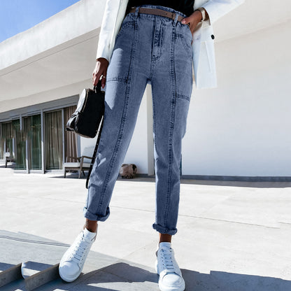 Casual High-waisted Water-washed Jeans With Small Feet