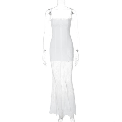 Fashion Off-neck Close-fitting Long Stitching Lace See-through Sling Dress