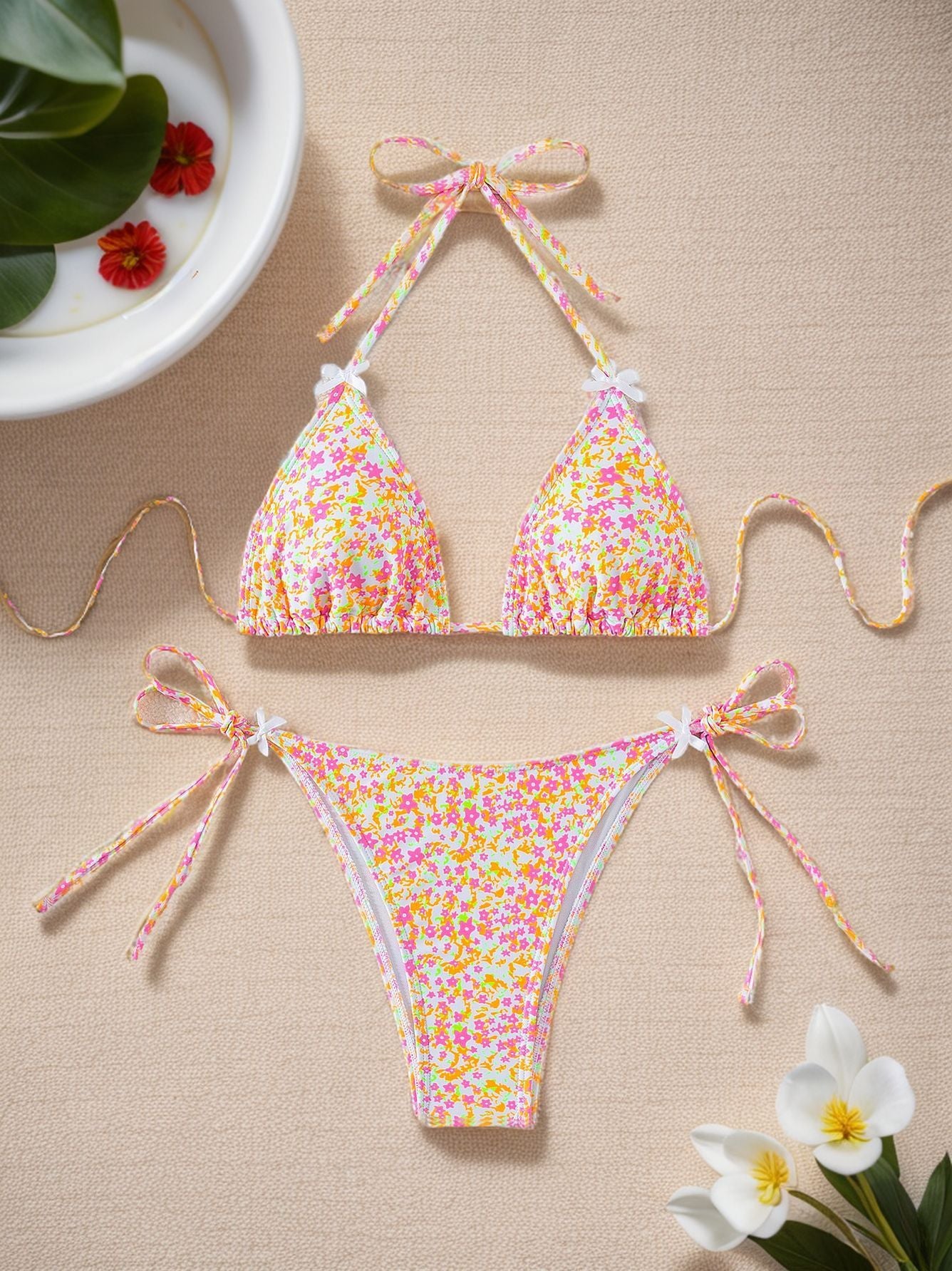 Women Printed Lace-up Bikini Split Swimsuit Swimwear