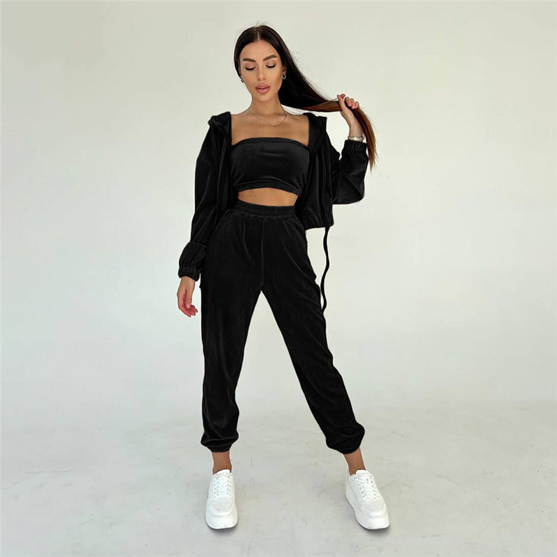 All-matching Solid Color Hooded High-waisted Trousers Suit