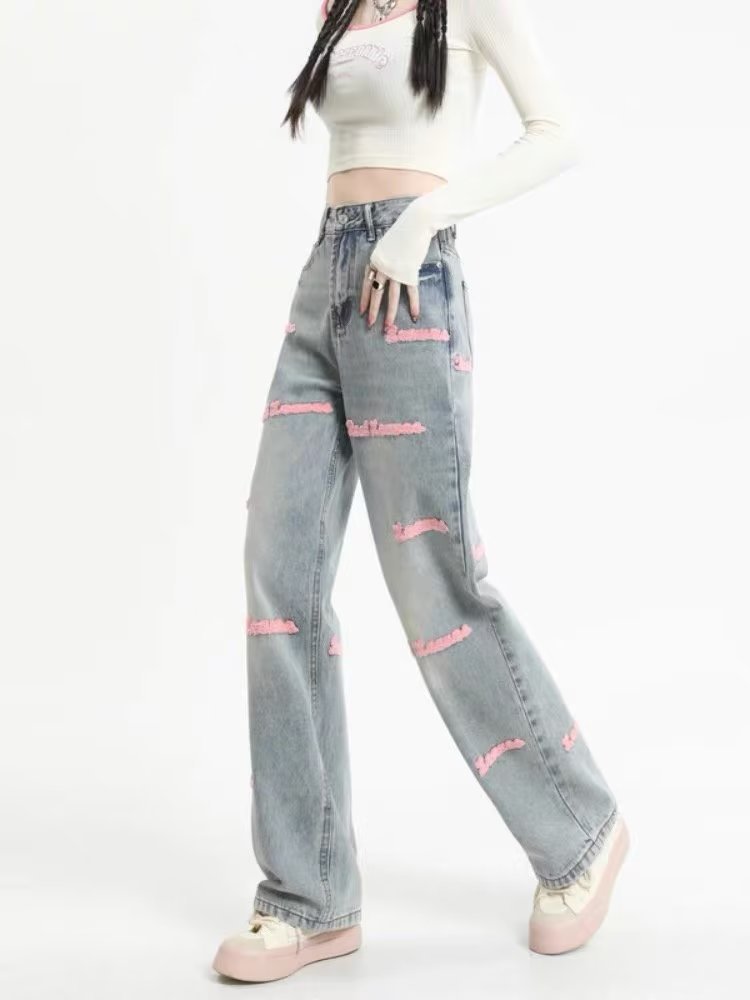 Letter Embroidered Straight Jeans Design