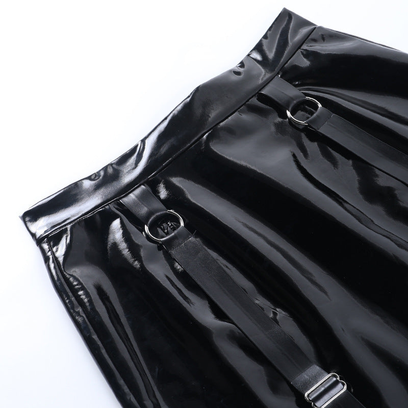 PVC Lacquered Belt Buckle Leggings Mini Skirt