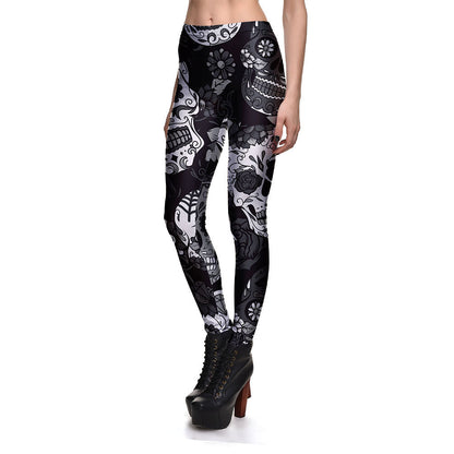 Breathable Sports Print Black And White Skull Leggings