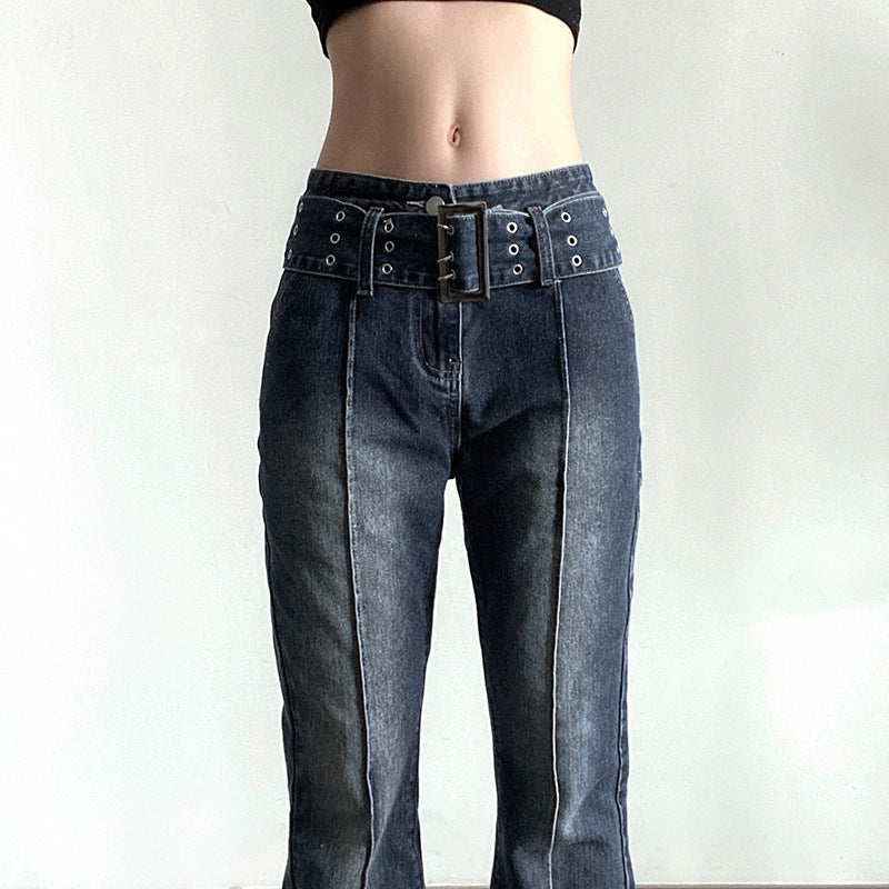 Retro Distressed Hot Girl Washed Belt Slimming Jeans