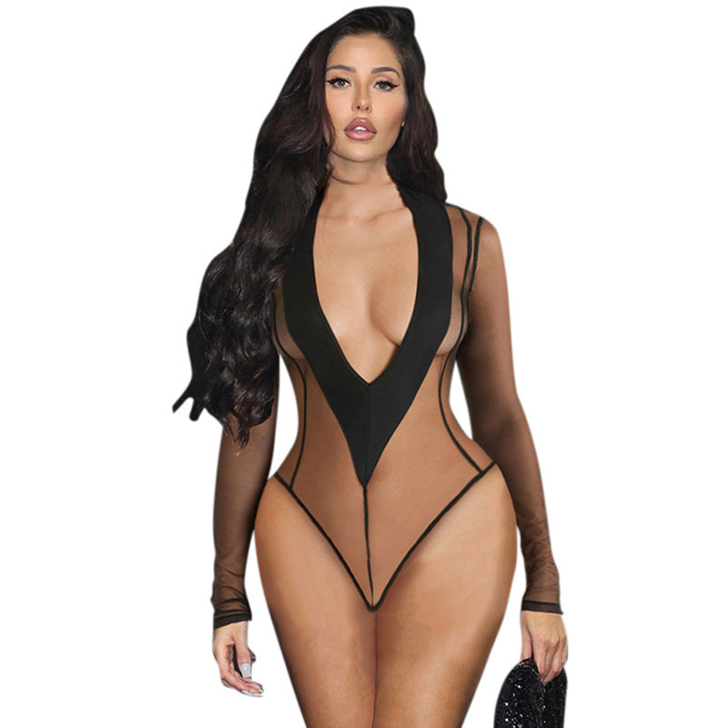 V-neck Sexy Sheer Mesh Long Sleeve Jumpsuit