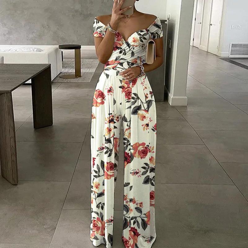 Fashion Off-shoulder Printed Temperament Commute Casual High Waist Jumpsuit Women