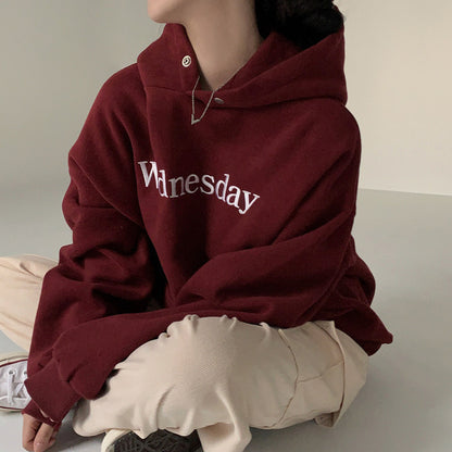 Chic Winter Student Loose Embroidery Hooded Fleece Lined Sweater