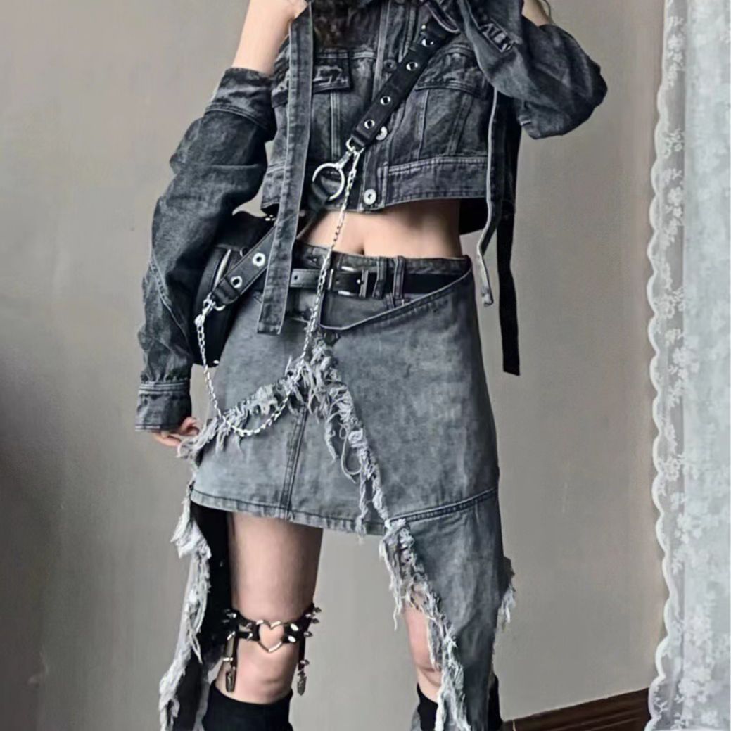 Hot Girl Denim Smoky Gray Irregular High Waist Skirt