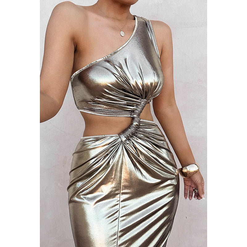 Sexy Oblique Shoulder Midriff Outfit Hollow Coating Dress