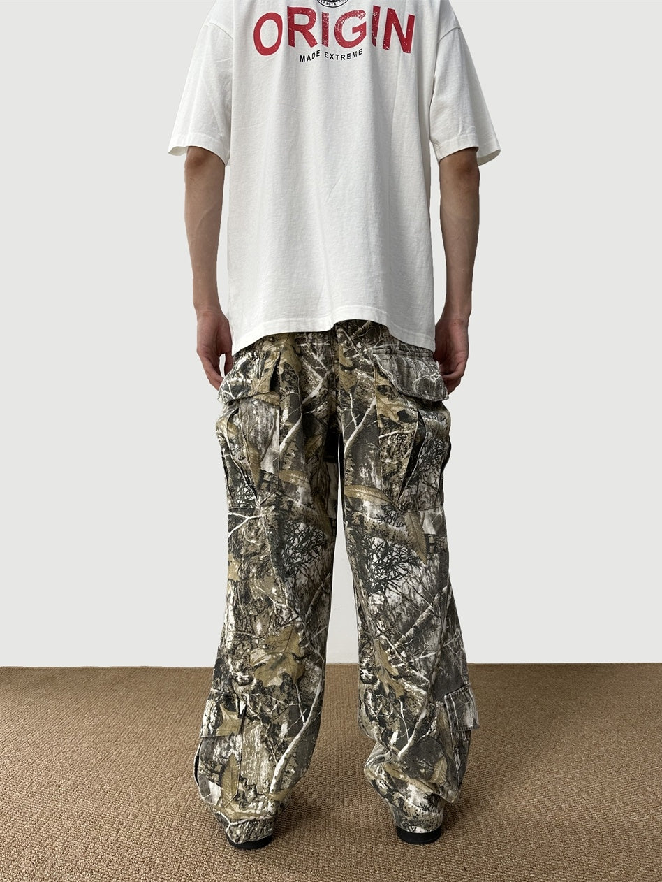 Loose Straight Tree Worn Looking Washed-out Camouflage Printed Overalls